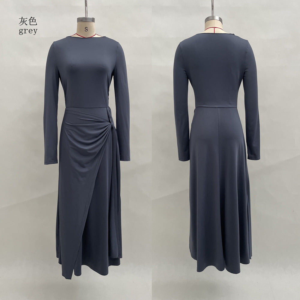 2026 Autumn And Winter New Women's Clothing Pure Color Exquisite Wrap Long Skirt Knotted Long-Sleeved Dress